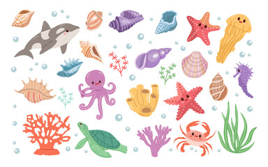 Sea animals. Hand-drawn sea life creatures and elements. Vector doodle cartoon set of marine life objects. Flat illustration on white background. Collection for stickers.