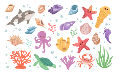 Fotobehang Onder de zee Sea animals. Hand-drawn sea life creatures and elements. Vector doodle cartoon set of marine life objects. Flat illustration on white background. Collection for stickers.