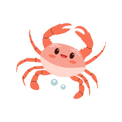 Cute hand-drawn colored marine crab in flat style, ocean aquatic underwater kawaii vector. Vector cartoon illustration on white background.
