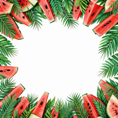 Fototapeta na wymiar frame with watermelons and palm leaves on white background