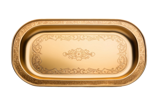Elegant Gold Tray With Ornate Design. On a White or Clear Surface PNG Transparent Background..