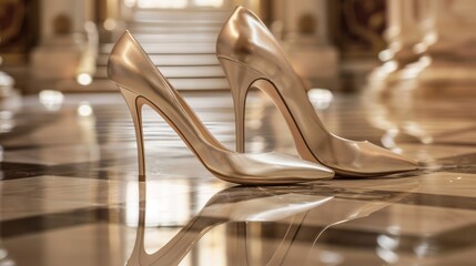 A close-up of fashionable high heels on a polished floor. - obrazy, fototapety, plakaty