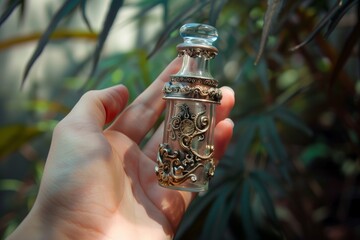hand holding a small glass bong with a detailed design