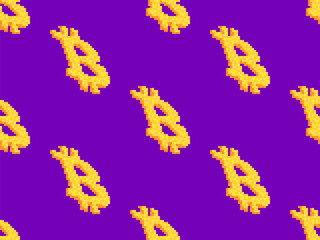 Bitcoin symbol in pixel style. Seamless pattern with the Bitcoin symbol in the style of 8-bit graphics. Bitcoin cryptocurrency. Design of wallpapers, banners and posters. Vector illustration