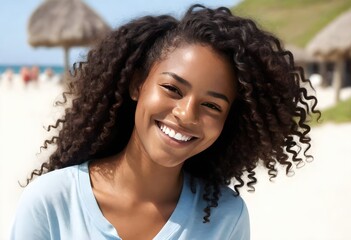 Smiling Latin Woman by the Sea Beach Portrait