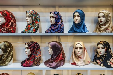 mannequin heads displaying hijabs of different patterns on shelves