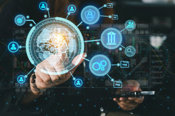 Naklejka premium Person is touching a screen with a lot of icons. Concept of technology and the importance of understanding and using it digital internet. Cyber security network data on protection management concept.