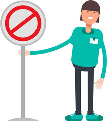 Woman Staff Character and Prohibition Signage
