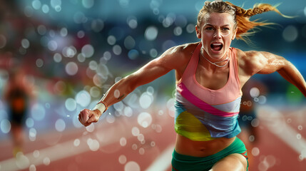 Female sprinter running fiercely on a track. - obrazy, fototapety, plakaty