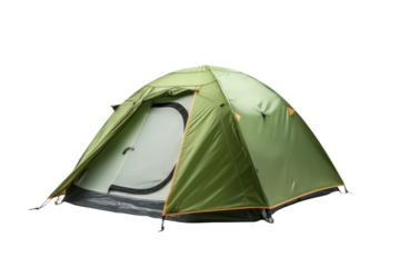 Green Tent With Open Door on White Background. On a White or Clear Surface PNG Transparent Background..