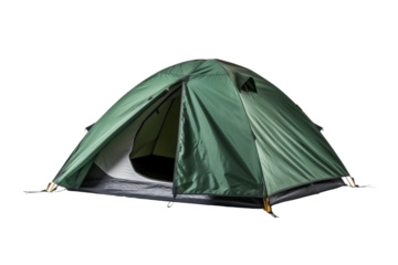 Green Tent With Open Door on White Background. On a White or Clear Surface PNG Transparent Background..
