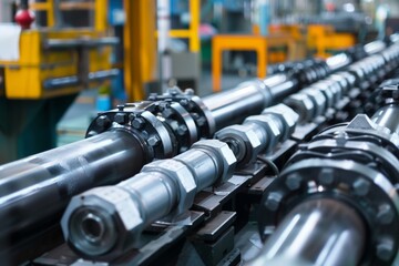 hydraulic cylinders in a factory, aligned on a production line