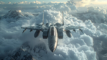 Military fighter jet flying high in the sky above the clouds - obrazy, fototapety, plakaty