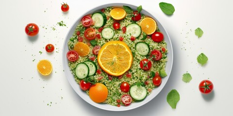 minimalistic design Quinoa tabbouleh salad with red cherry tomatoes, orange paprika, avocado,
