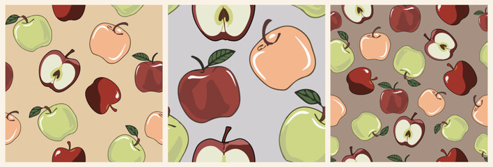 Set of Botanical seamless patterns with apple fruits. Backdrop with green, red, yellow apples. Colorful vector illustration for textile print, digital, wrapping paper, background.