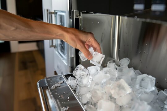 hand removing ice cubes from a modern ice maker