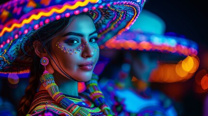 Woman dancer at the Cinco de Mayo traditional festival in neon light. Mexico Guadalajara. Beautiful...
