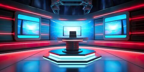 minimalistic design Studio interior for news broadcasting, vector empty placement with anchorman table - obrazy, fototapety, plakaty