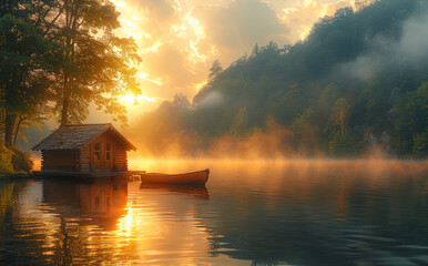 Boathouse and canoe on lake at sunrise