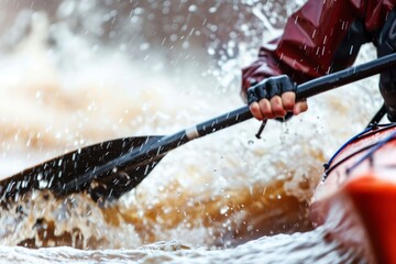 closeup of a kayakers paddle slicing through rapid currents - obrazy, fototapety, plakaty