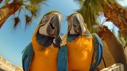 Zbliżenie na dwie dorodne papugi siedzące obok siebie - obrazy, fototapety, plakaty