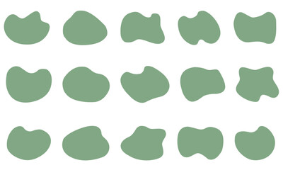 Organic blob shape, abstract green color amoeba, irregular fluid element set. Simple flat abstract splodge, amoeba blob figure, liquid shape graphic design element.