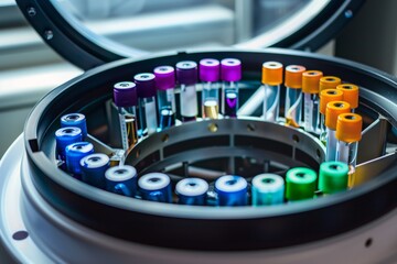 Fototapeta na wymiar open centrifuge with colorful liquid vials ready for spinning