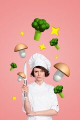 Creative collage picture banner young chef woman hold knife cooker prepare vegan meal dish broccoli fresh meal diet nutrition