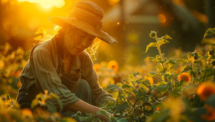 Young farmer is harvesting sunflower in the field - 772882473