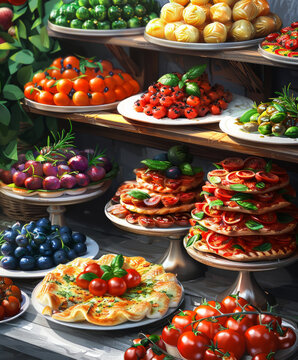 Vegetables and pizza on the buffet 3d render