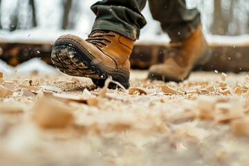 closeup of workers boots walking on scattered sawdust - obrazy, fototapety, plakaty