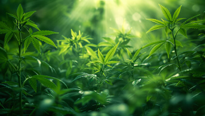 Fototapeta na wymiar Cannabis plant in the forest at sunrise