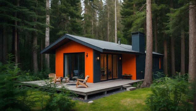 A cozy cabin in the woods, with walls painted in bold, contrasting colors to stand out amidst the greenery Generative AI