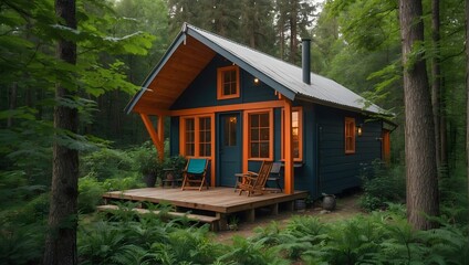 A cozy cabin in the woods, with walls painted in bold, contrasting colors to stand out amidst the greenery Generative AI