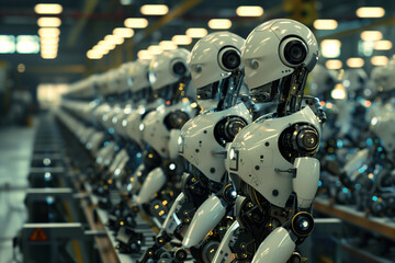 Fototapeta premium View Of New Android Robots In Production In The Workshop. Ai generated. 
