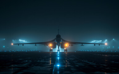 Military fighter jet is on the runway at night. The plane is illuminated by searchlights. - obrazy, fototapety, plakaty