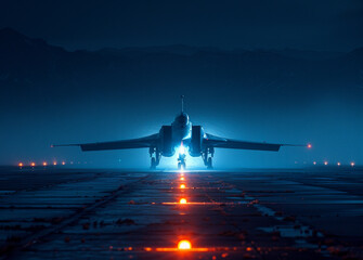 Military fighter jet is on the runway at night