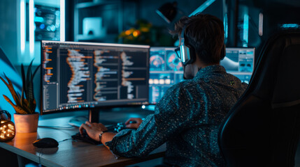 Fototapeta premium Man sits at desk and works on computer.