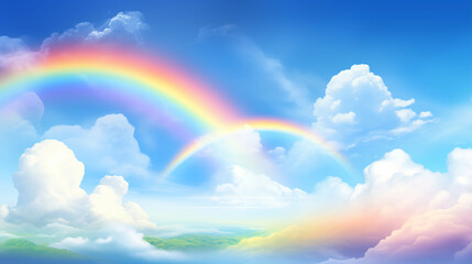 Naklejka premium Picture of a rainbow in the sky Multi-colored rainbow arches cross the bright blue sky and white clouds.