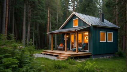 A cozy cabin in the woods, with walls painted in bold, contrasting colors to stand out amidst the greenery Generative AI