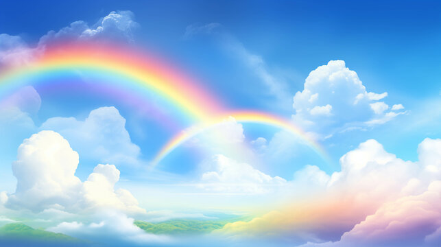 Picture of a rainbow in the sky Multi-colored rainbow arches cross the bright blue sky and white clouds.