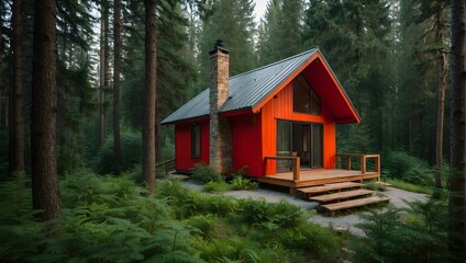 A cozy cabin in the woods, with walls painted in bold, contrasting colors to stand out amidst the greenery Generative AI