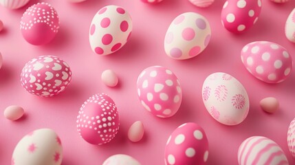 Pattern of pink and white Easter eggs on a pink background