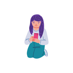 Teenage girl sitting on her lap with a phone, isolated illustration.
