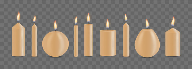 Set of realistic different Christmas, birthday, church and party glowing candle. 3d collection paraffin candles isolated on transparent background. Design template, clipart for graphics. Vector.