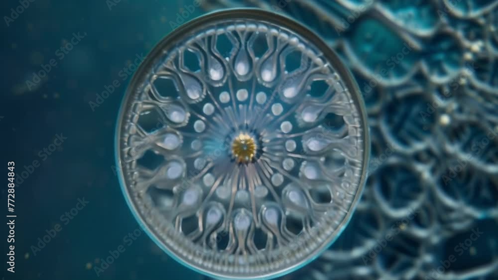 Poster a topdown view of a single diatom its circular shape and intricate markings resembling a miniature w