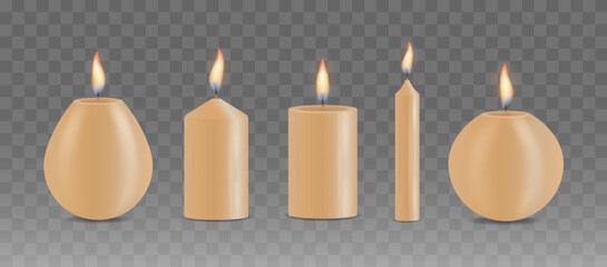 Set of realistic different Christmas, birthday, church and party glowing candle. 3d collection paraffin candles isolated on transparent background. Design template, clipart for graphics. Vector. - obrazy, fototapety, plakaty
