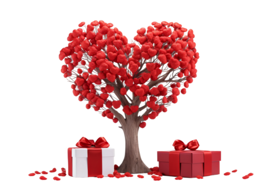 Heart Shaped Tree Surrounded by Presents. On a White or Clear Surface PNG Transparent Background..
