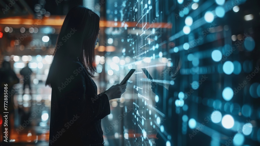 Poster silhouette of a woman using a smartphone to interact with a sophisticated holographic interface in a