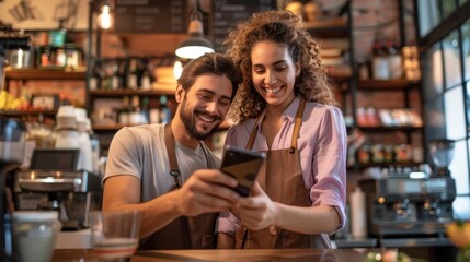 Two smiling baristas engaging with a smartphone in a cozy, warmly-lit coffee shop environment.